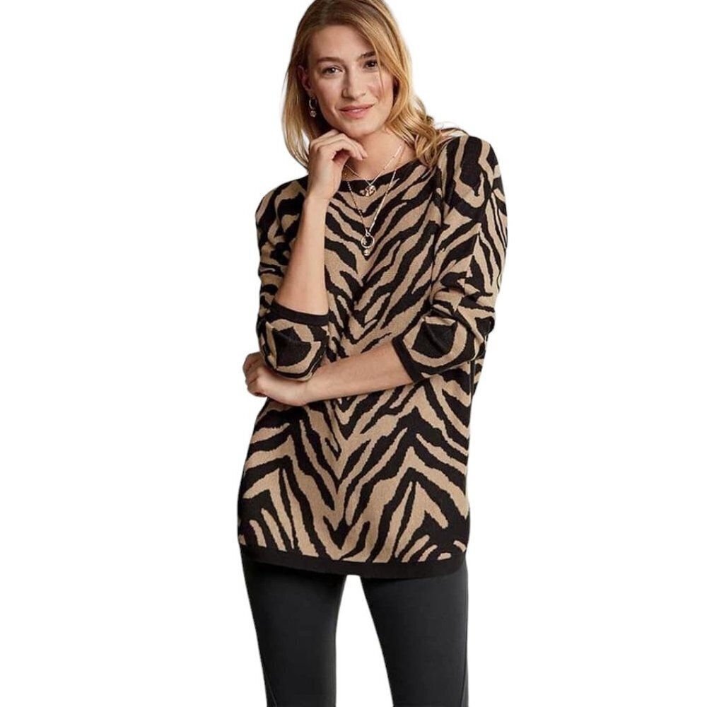 CAbi Dani Pullover #3884 Brown Black Zebra Dazzle Stripe Size M EUC